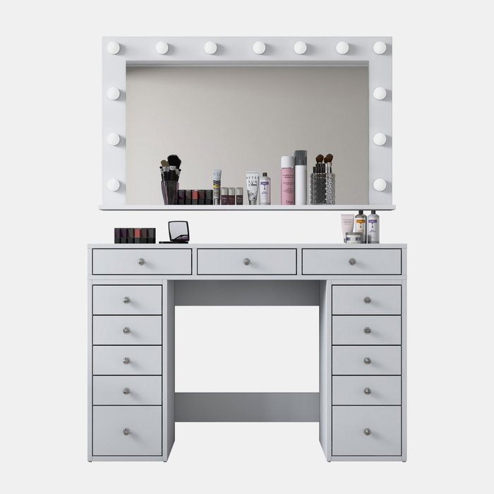 Hanah Home BJ196 - 5170 Mesa de Maquillaje Blanca con Espejo y 13 Focos
